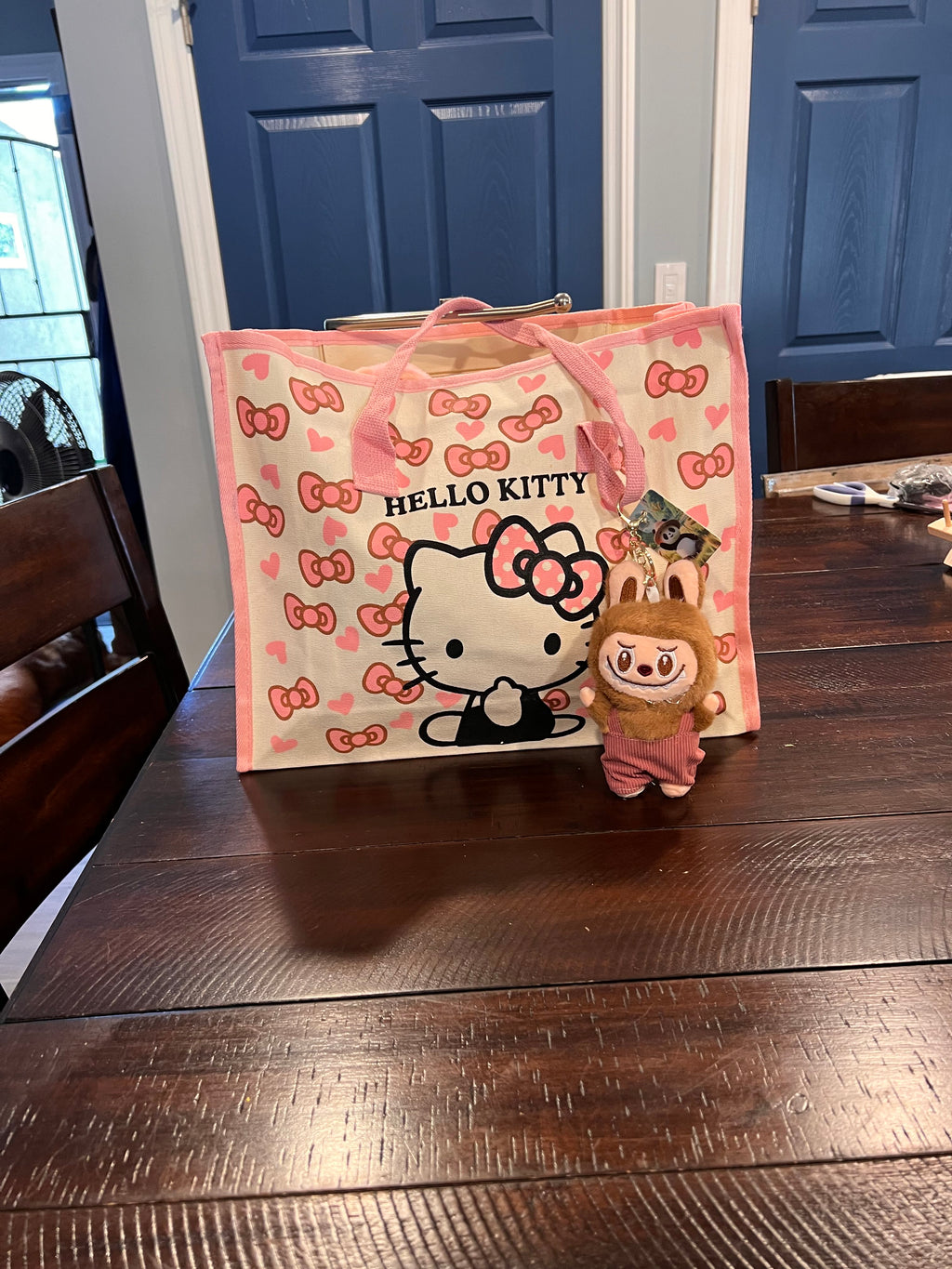 Hello Kitty Tote Bag and Labubu-like keychain combo